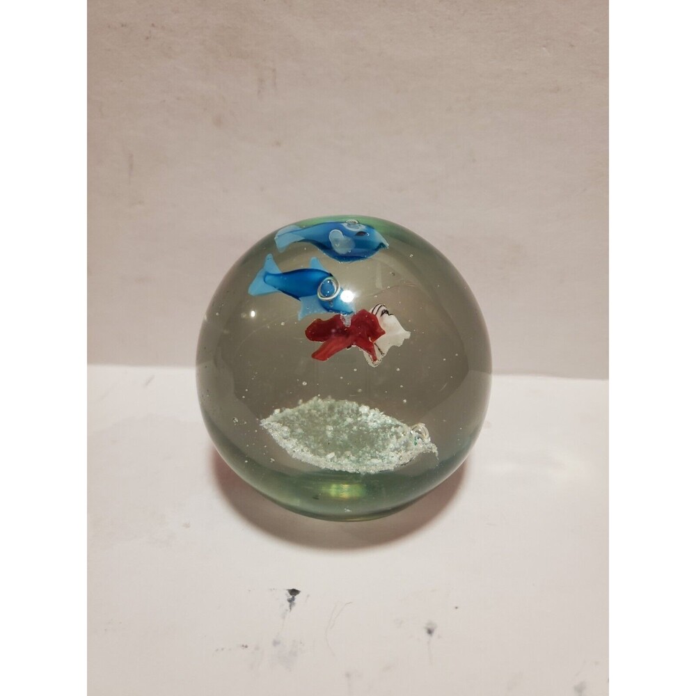 Vintage Art Glass 2.5" Round Paperweight Controlled Bubbles Dolphins